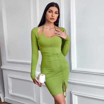 Ribbed Bodycon Mini Dress with U-Neck and Ruched Drawstring