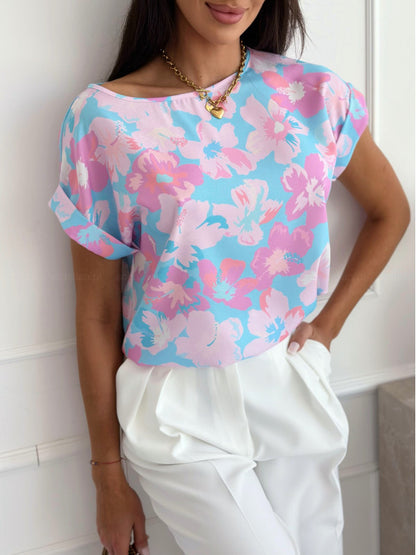 Loose Floral Print Blouse with Round Neck and Short Sleeves