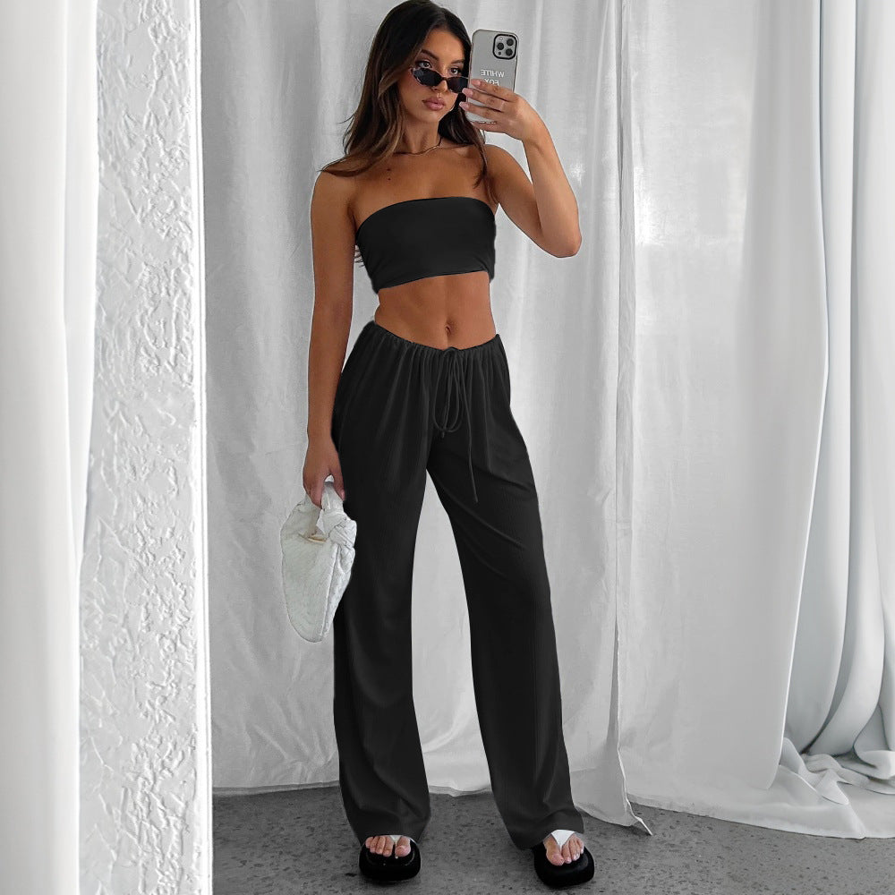 Strapless Tube Top and Wide-Leg Drawstring Pants Set