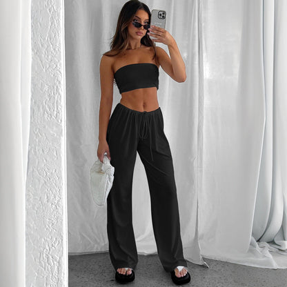 Strapless Tube Top and Wide-Leg Drawstring Pants Set