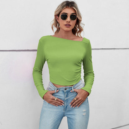 Ribbed Long Sleeve Crop Top with Asymmetrical Neckline