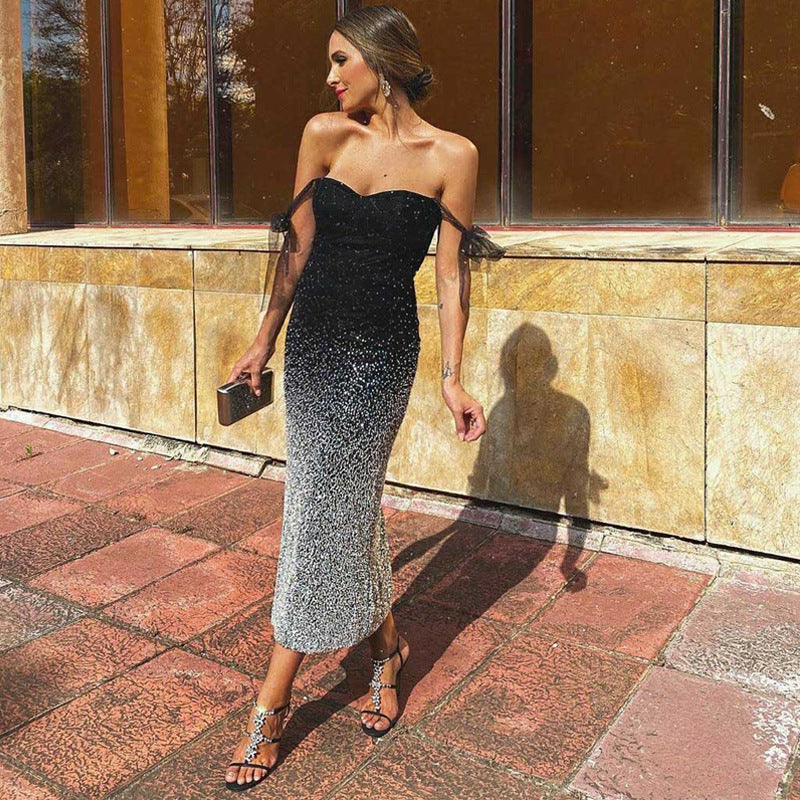 Gradient Sequined Sheath Midi Dress with Off-Shoulder Sleeves