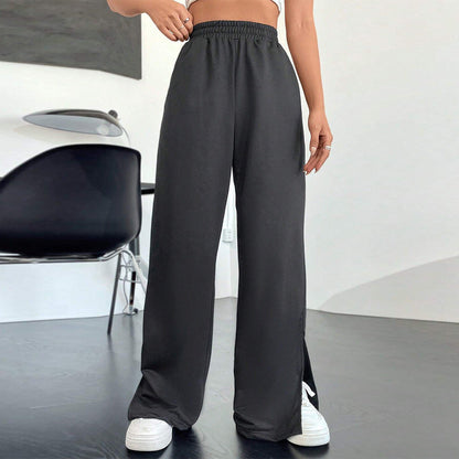 Wide-Leg Cotton Blend Trousers with High Waist and Split Hem