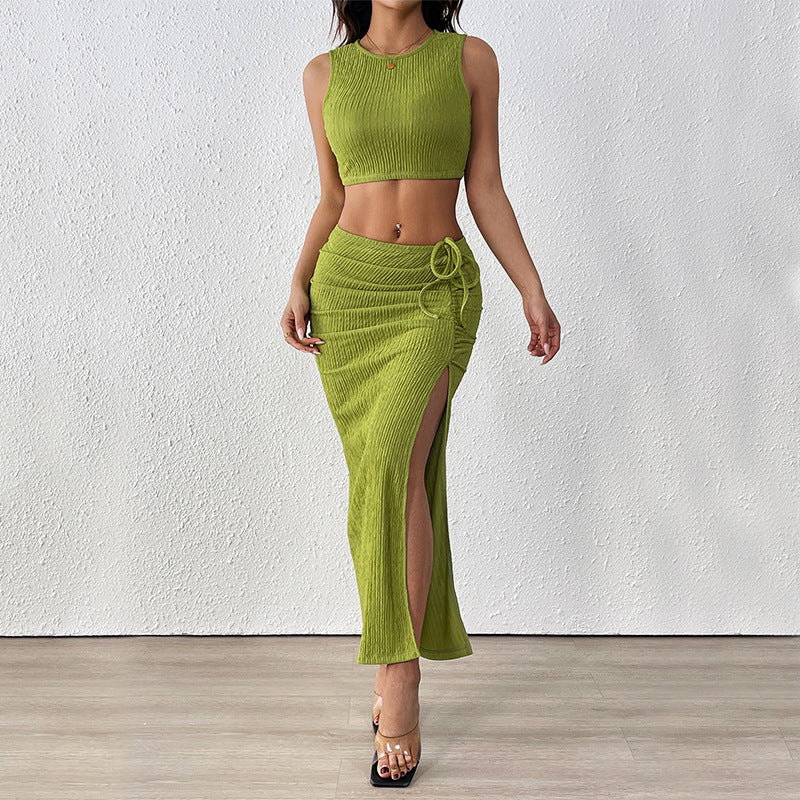 Solid Ribbed Knit Crop Top and Slit Maxi Skirt Set