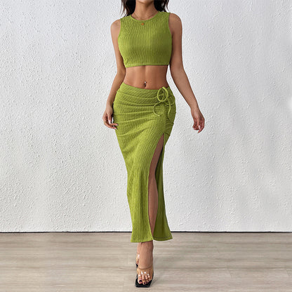 Solid Ribbed Knit Crop Top and Slit Maxi Skirt Set