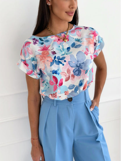 Loose Floral Print Blouse with Round Neck and Short Sleeves