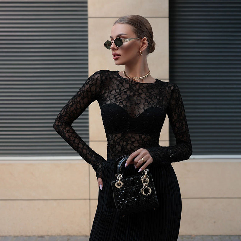 Slim Fit Sheer Floral Lace Top with Long Sleeves