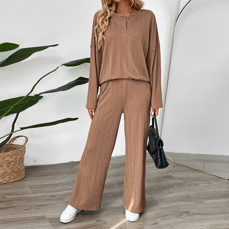 Textured Knit Two-Piece Set with Henley Top and Wide-Leg Pants