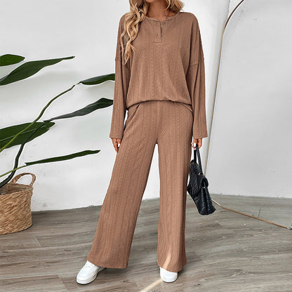 Textured Knit Two-Piece Set with Henley Top and Wide-Leg Pants