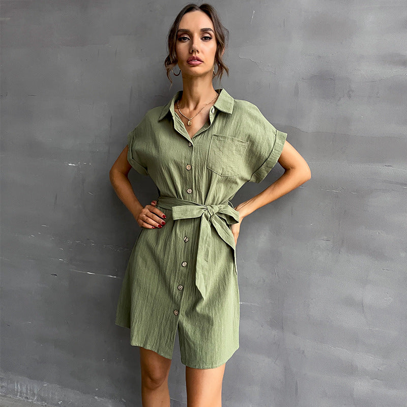 A-Line Cotton-Linen Shirt Dress with Tie-Waist