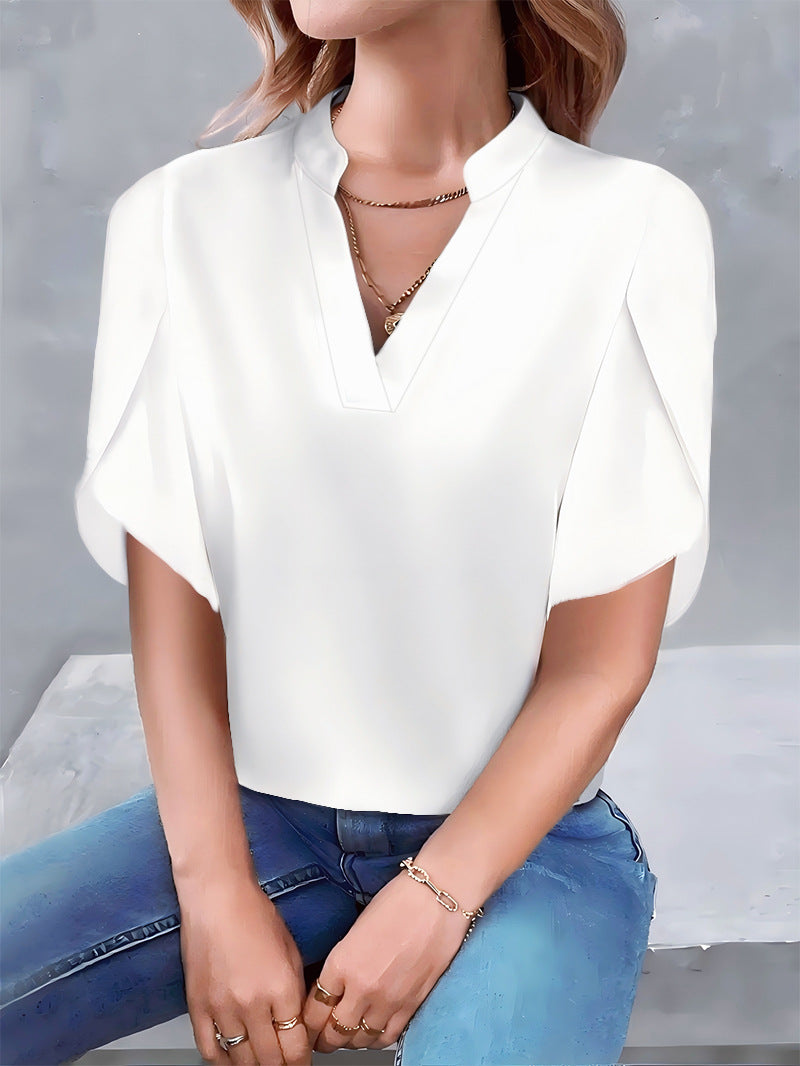 Solid Color V-Neck Blouse with Petal Sleeves