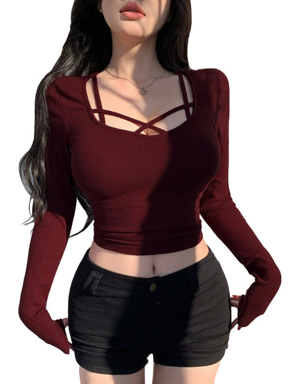 Slim Fit Long Sleeve Top with Criss-Cross Square Neckline
