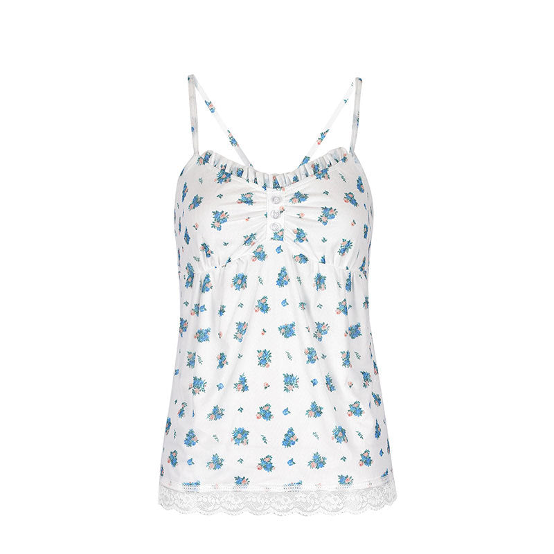 Floral Print Camisole Top with Ruffled Bust and Lace Hem