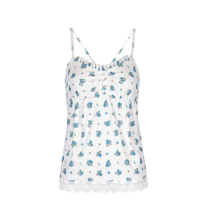 Floral Print Camisole Top with Ruffled Bust and Lace Hem