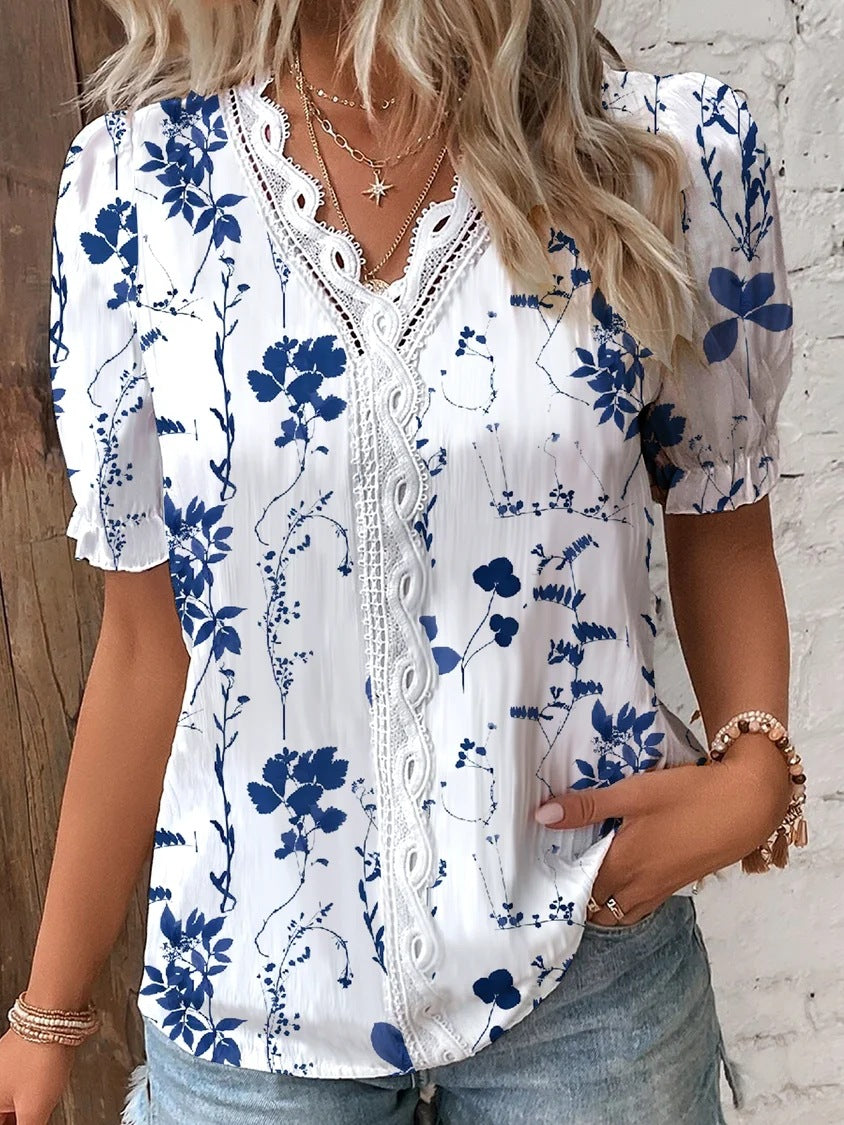 Floral Print Short Sleeve Shirt with Lace V-Neck