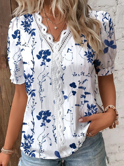 Floral Print Short Sleeve Shirt with Lace V-Neck