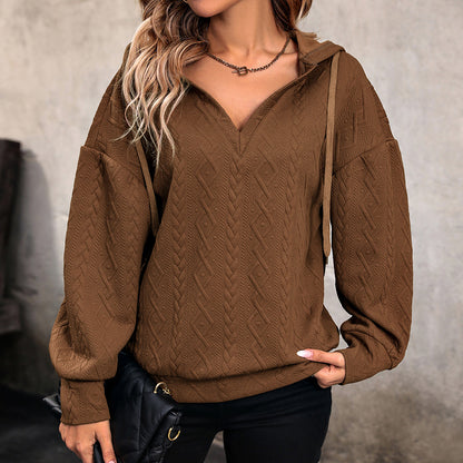 Spiral Pattern Hoodie with V-Neck and Drawstring Detail