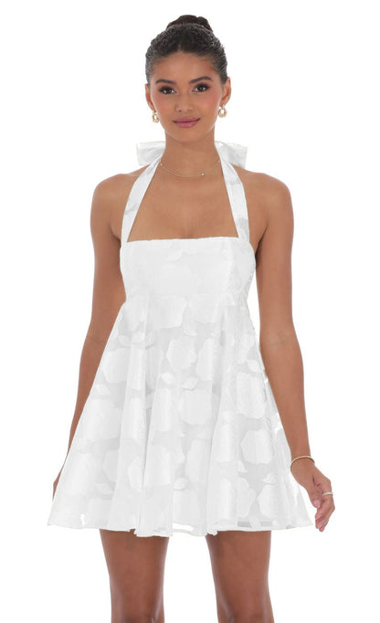 A-Line Halter Mini Dress with Floral Burnout and Back Bow