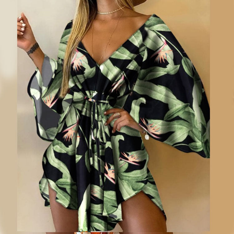 Printed Tunic Dress with V-Neck and Batwing Sleeves