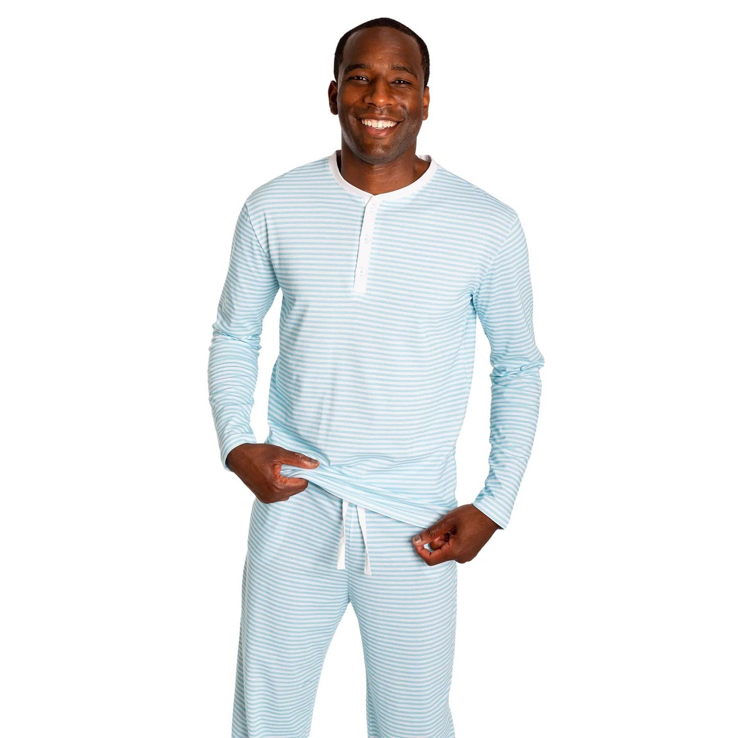 Striped Slim Fit Two-Piece Set with Henley Neck and Drawstring