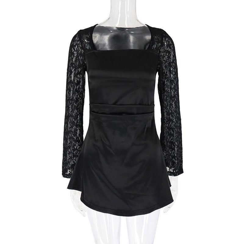 A-Line Mini Dress with Square Neck and Lace Long Sleeves
