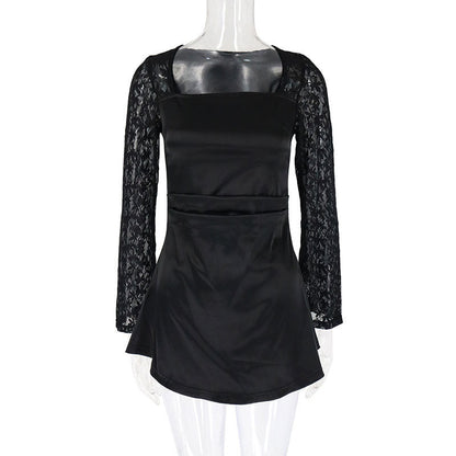 A-Line Mini Dress with Square Neck and Lace Long Sleeves