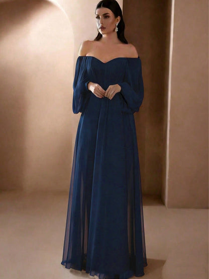 A-Line Maxi Dress with Off-Shoulder Balloon Sleeves