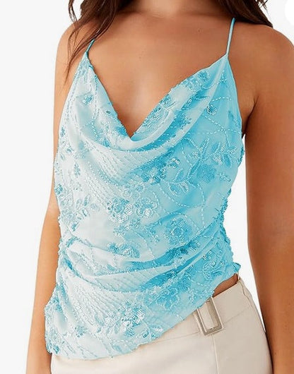 Sequined Cowl Neck Cami with Floral Embroidery