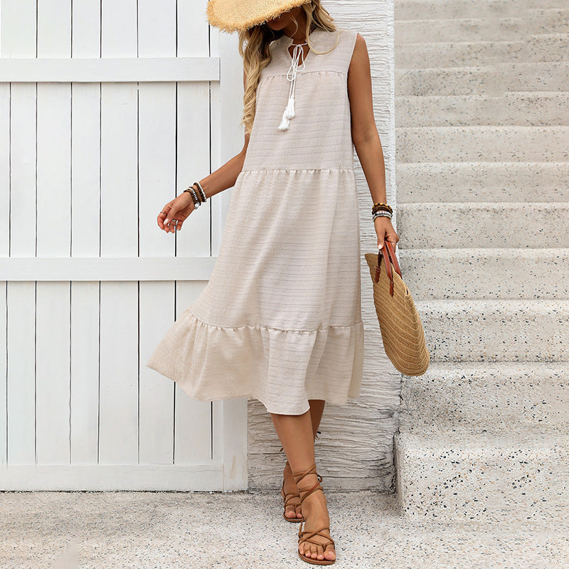 A-Line Tiered Midi Dress with V-Neck and Tassels