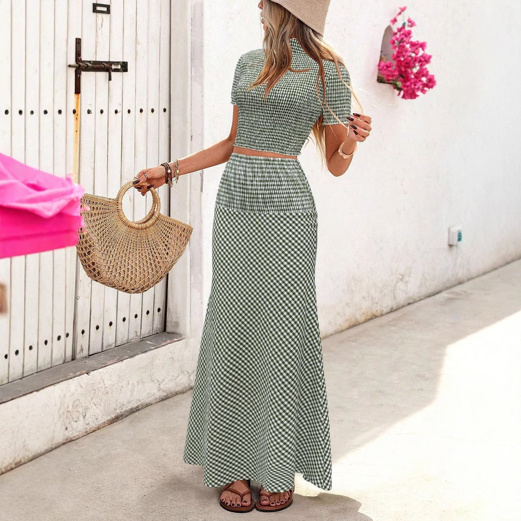 Gingham Smocked Crop Top & High-Waist A-Line Maxi Skirt Set