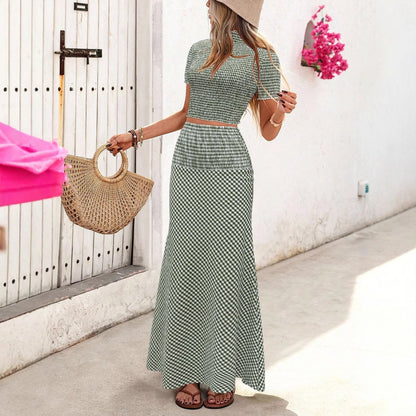 Gingham Smocked Crop Top & High-Waist A-Line Maxi Skirt Set