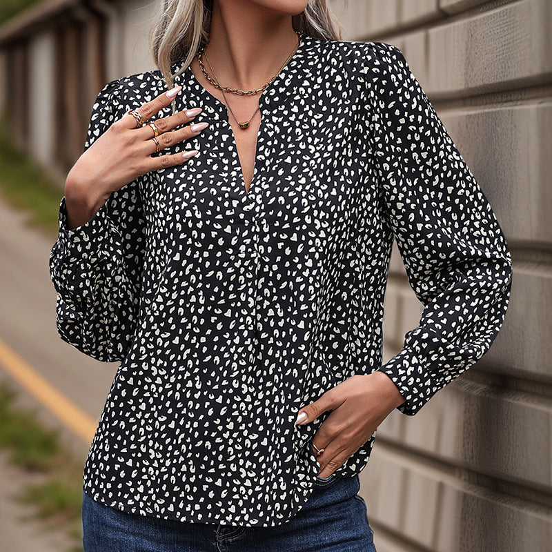 Leopard Print Blouse with Long Sleeves and V-Neck