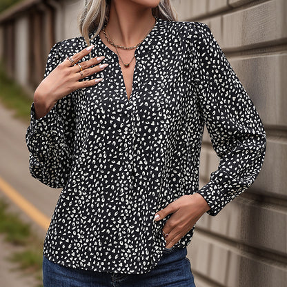 Leopard Print Blouse with Long Sleeves and V-Neck