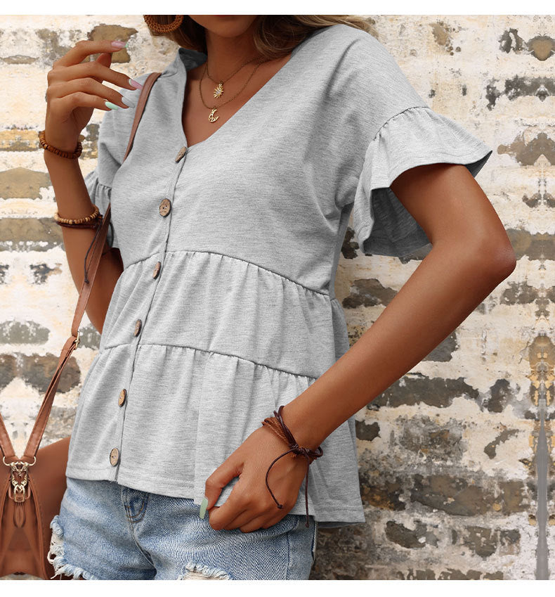 Tiered Button-Front Top with V-Neck and Ruffle Sleeves