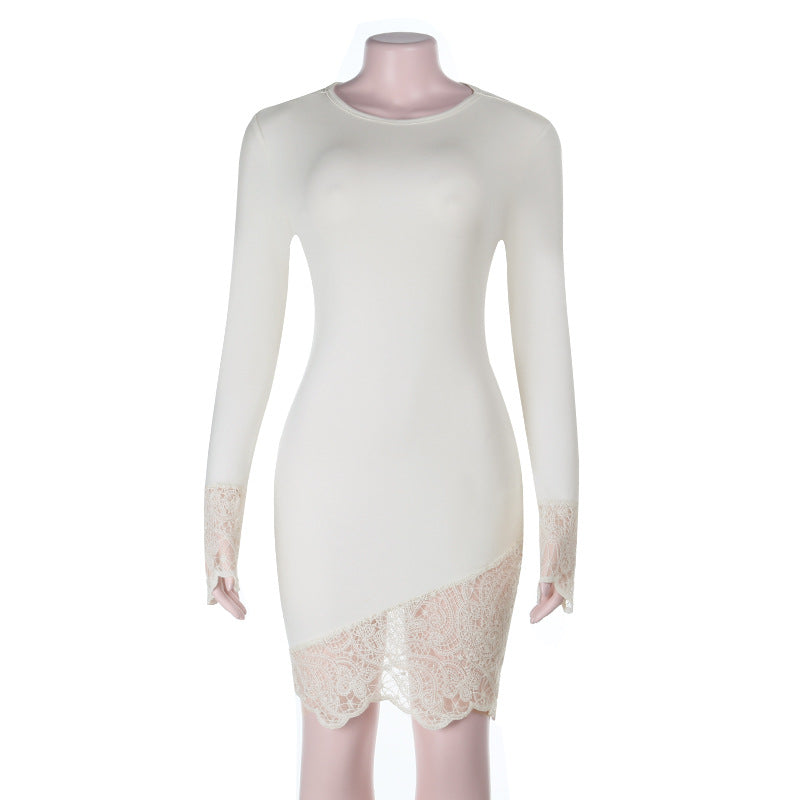 Bodycon Mini Dress with Asymmetrical Lace Hem and Cuffs