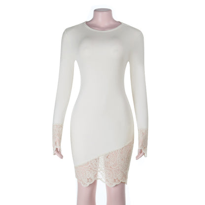 Bodycon Mini Dress with Asymmetrical Lace Hem and Cuffs