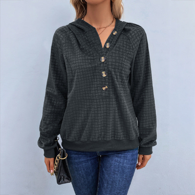 Textured Hoodie with Henley Buttons and Raglan Sleeves
