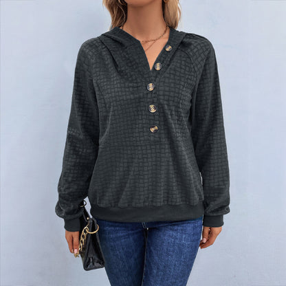 Textured Hoodie with Henley Buttons and Raglan Sleeves