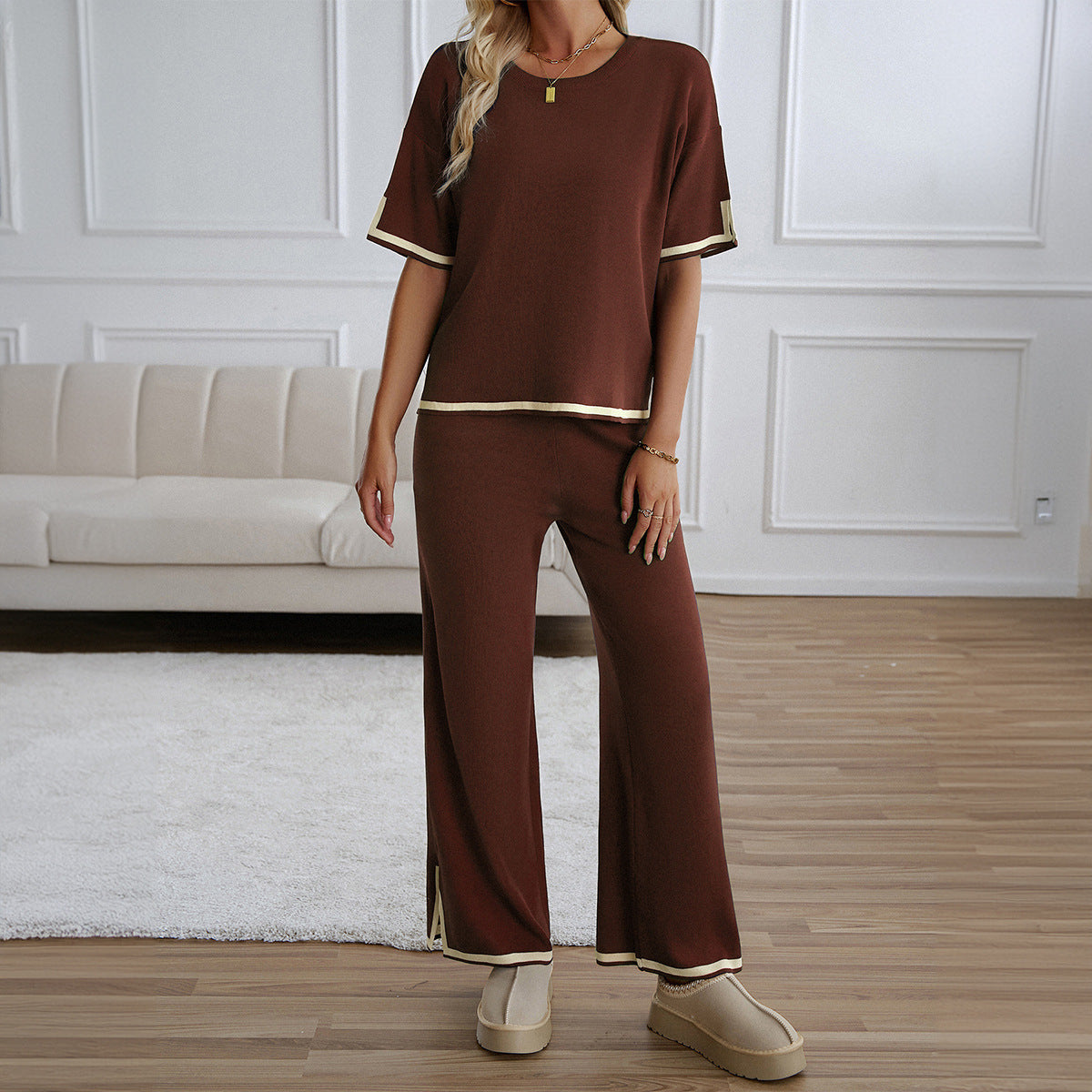 Color Block Two-Piece Set with Short-Sleeve Top and Wide-Leg Pants