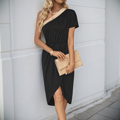 Color-Blocked One-Shoulder Midi Dress with Draped Asymmetrical Hem