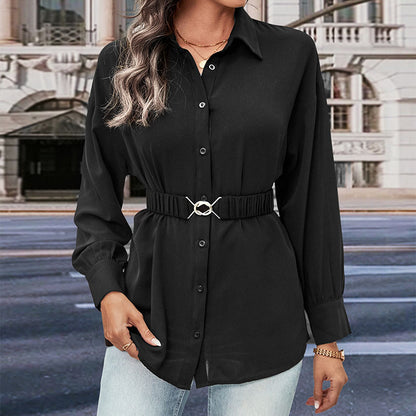 Solid Button-Down Tunic Shirt with Lapel Collar and Belt