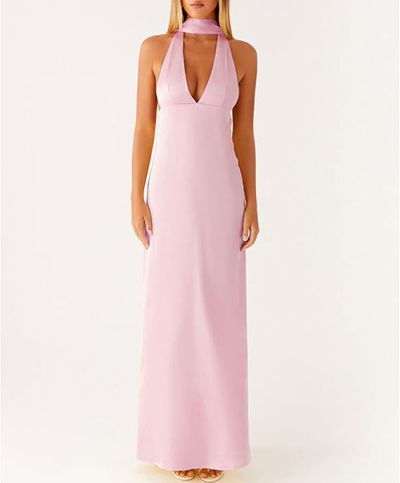 Halter Sheath Maxi Dress with Choker Collar and V-Neck