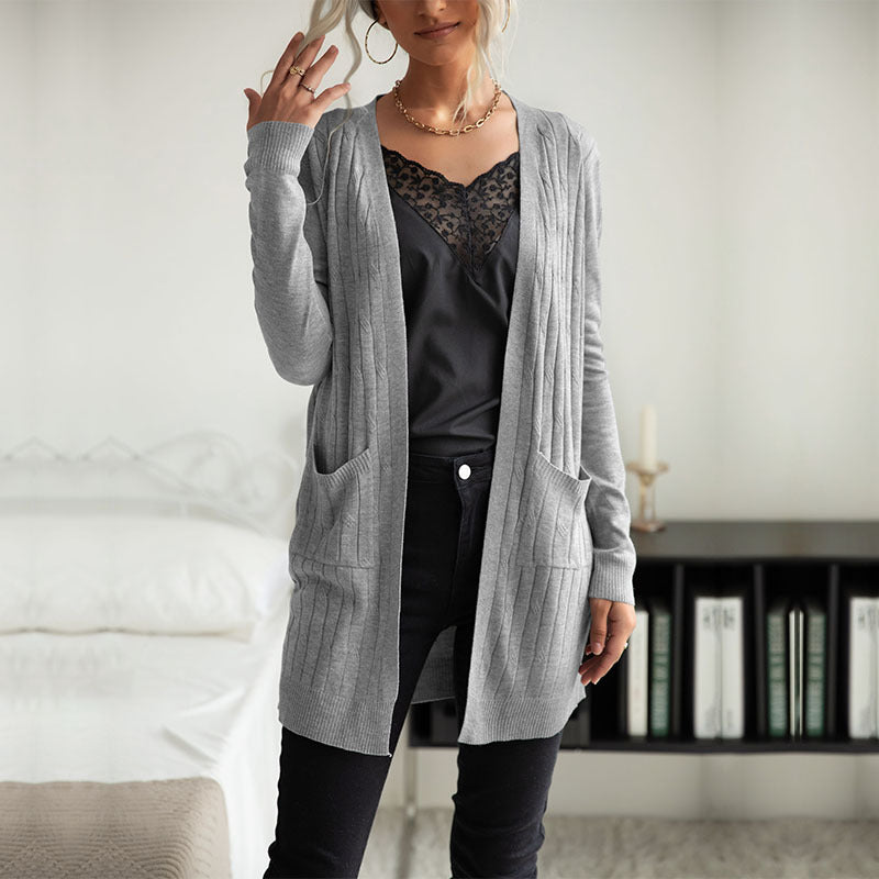 Ribbed Cardigan with Long Length and Pockets