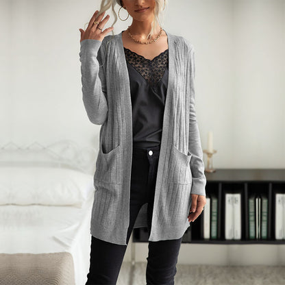Ribbed Cardigan with Long Length and Pockets