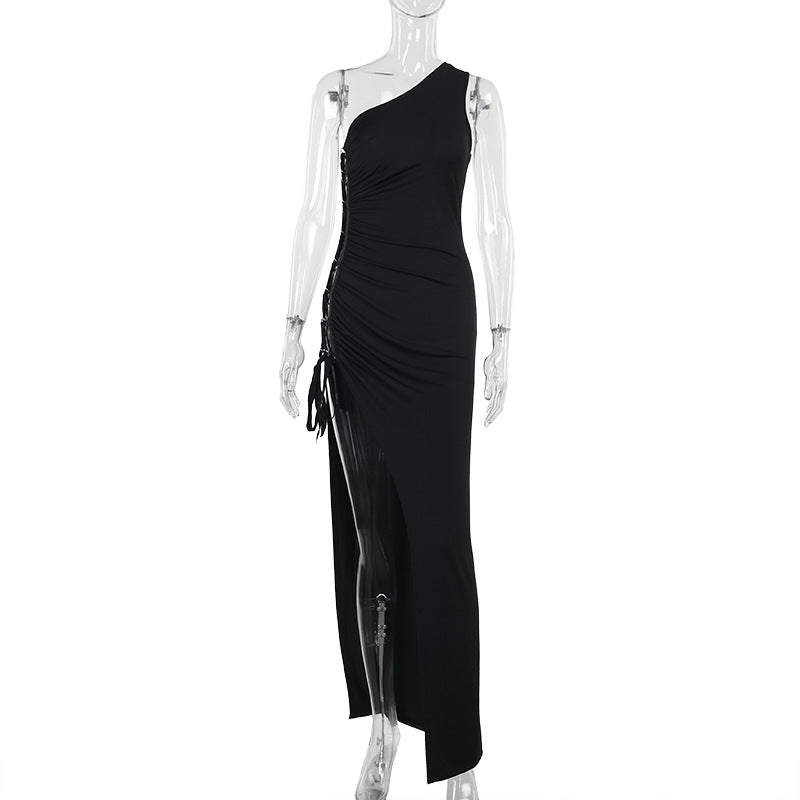 Bodycon Maxi Dress with One-Shoulder and Side Lace-Up Detail