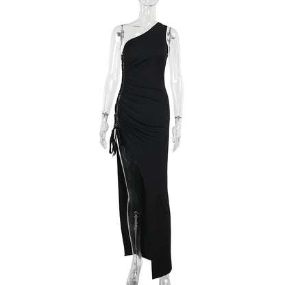 Bodycon Maxi Dress with One-Shoulder and Side Lace-Up Detail