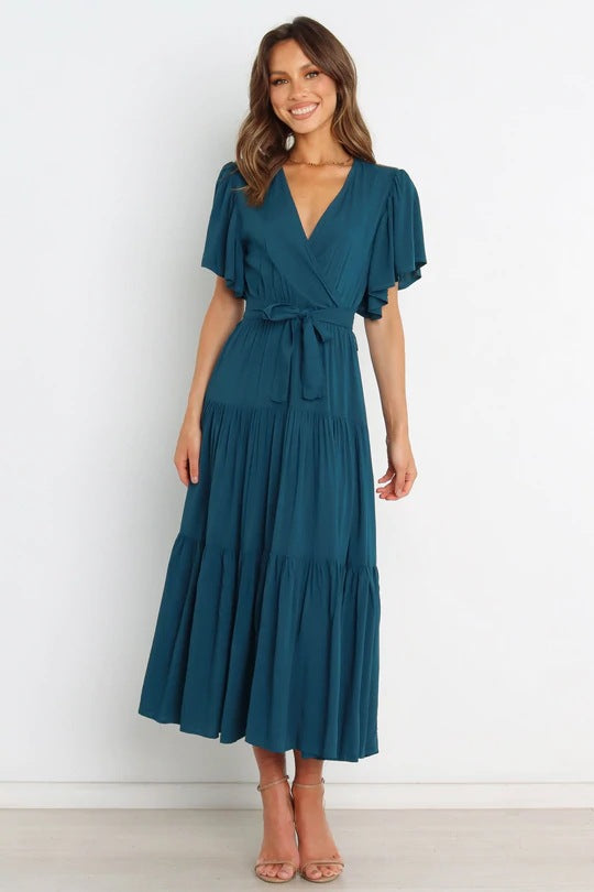 Tiered Maxi Dress with Wrap V-Neck and Flutter Sleeves