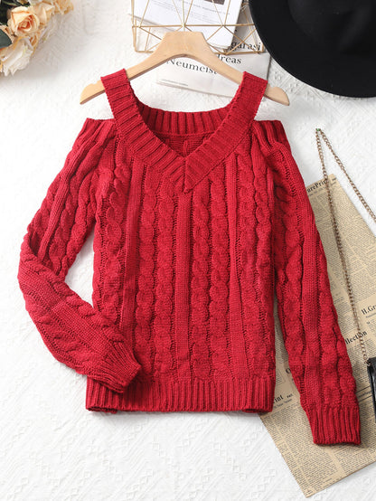 Cable-Knit V-Neck Sweater with Cold-Shoulder Cutouts
