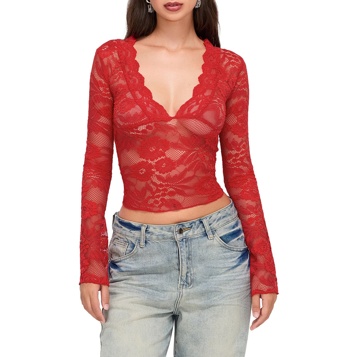 Slim Fit Lace Crop Top with V-Neck and Bell Sleeves