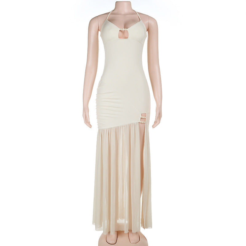 Ruched Halter Maxi Dress with Cutout and High Slit
